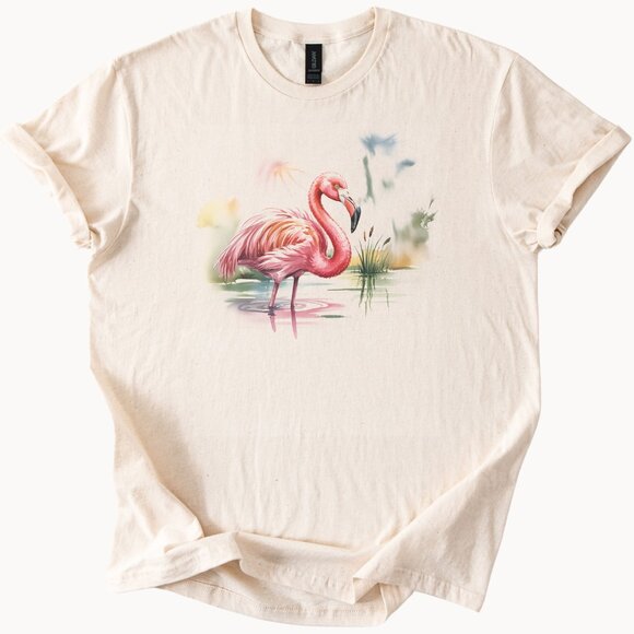 Pink Flamingo Graphic Tee Watercolor Bird Standing in Water Shirt - Picture 1 of 7